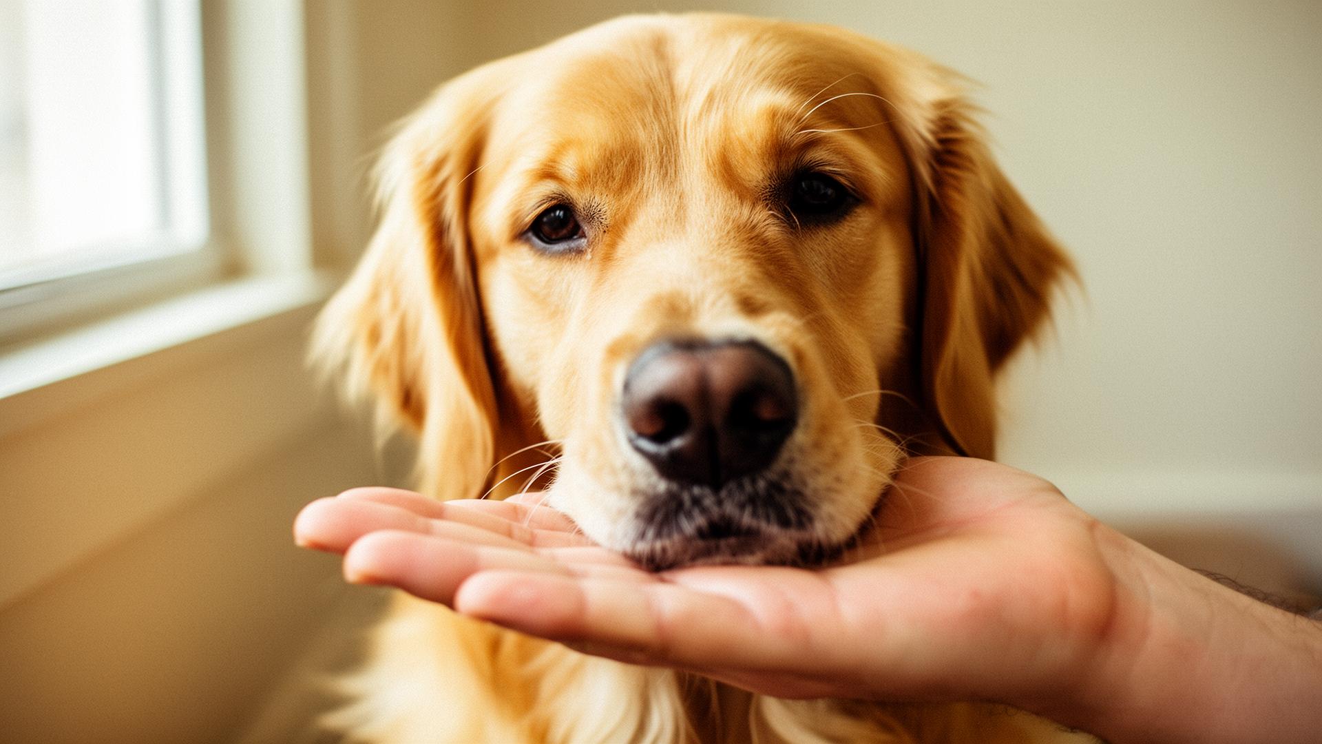A golden retriever resting its chin gently on its owner's open hand